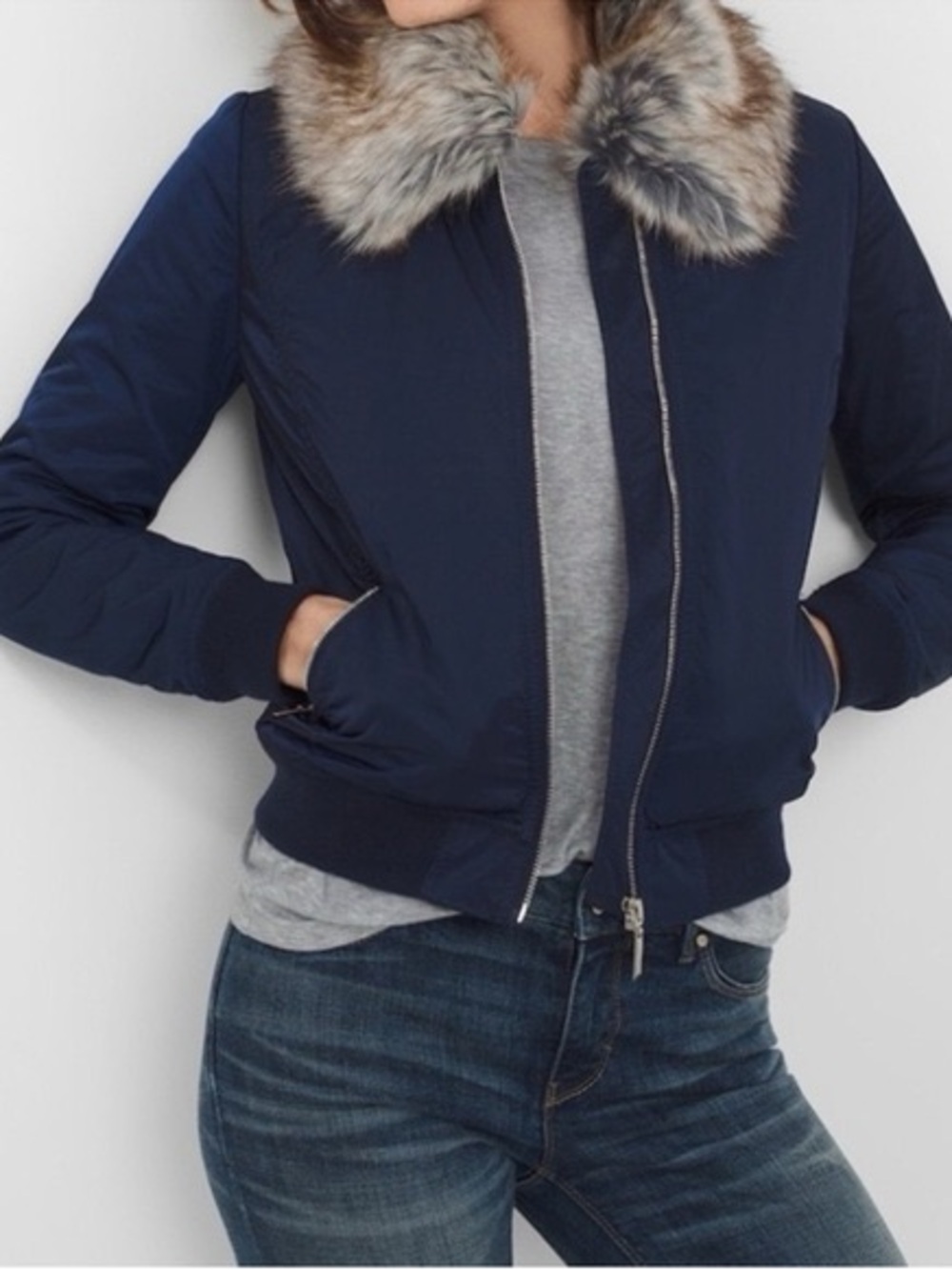 White House Black Market: faux fur collar bomber jacket